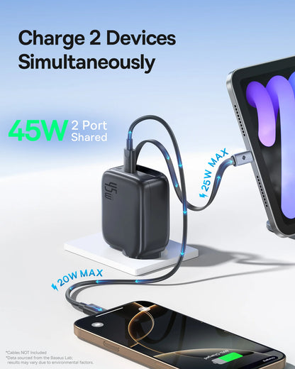 2-port charging adapter with devices being charged, showing 45W power sharing.