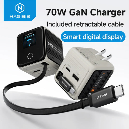 70W GaN charger with retractable cable and smart digital display by HAGIBIS on a white background.