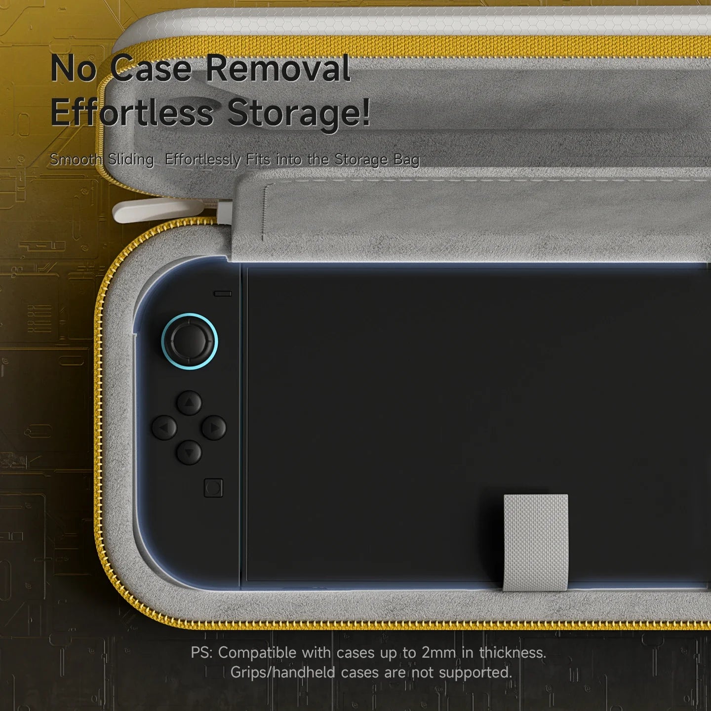Storage case for handheld devices with text on a yellow and black background