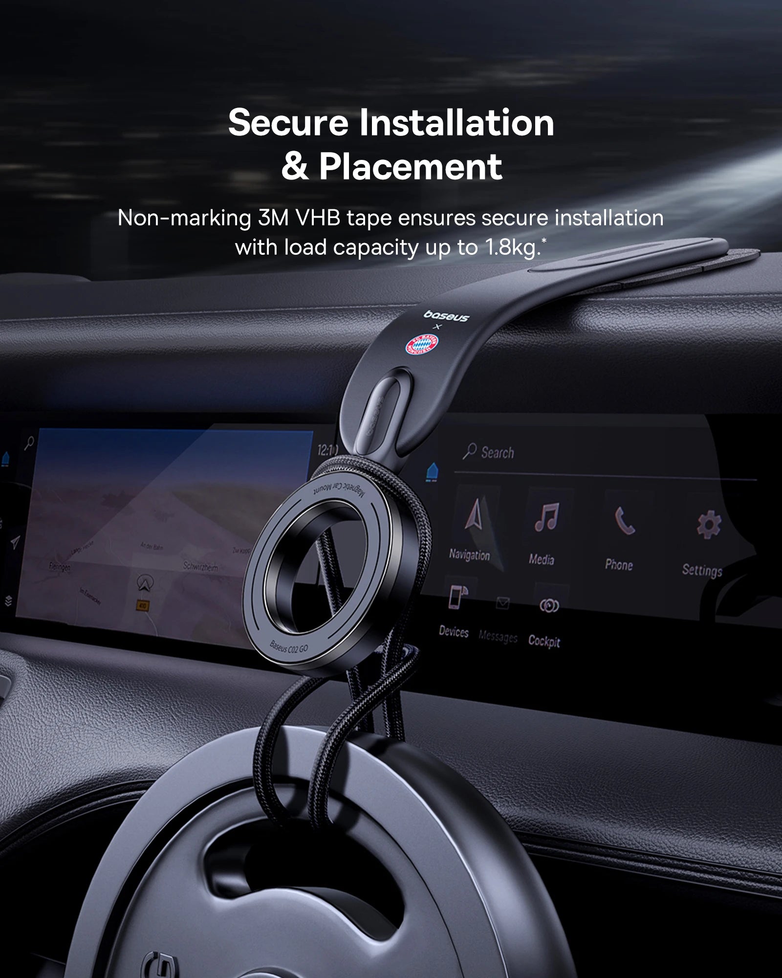 Car phone holder with text about secure installation on a car dashboard.
