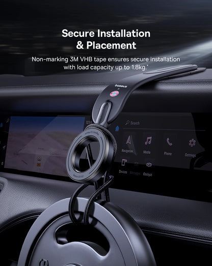 Car phone holder with text about secure installation on a car dashboard.