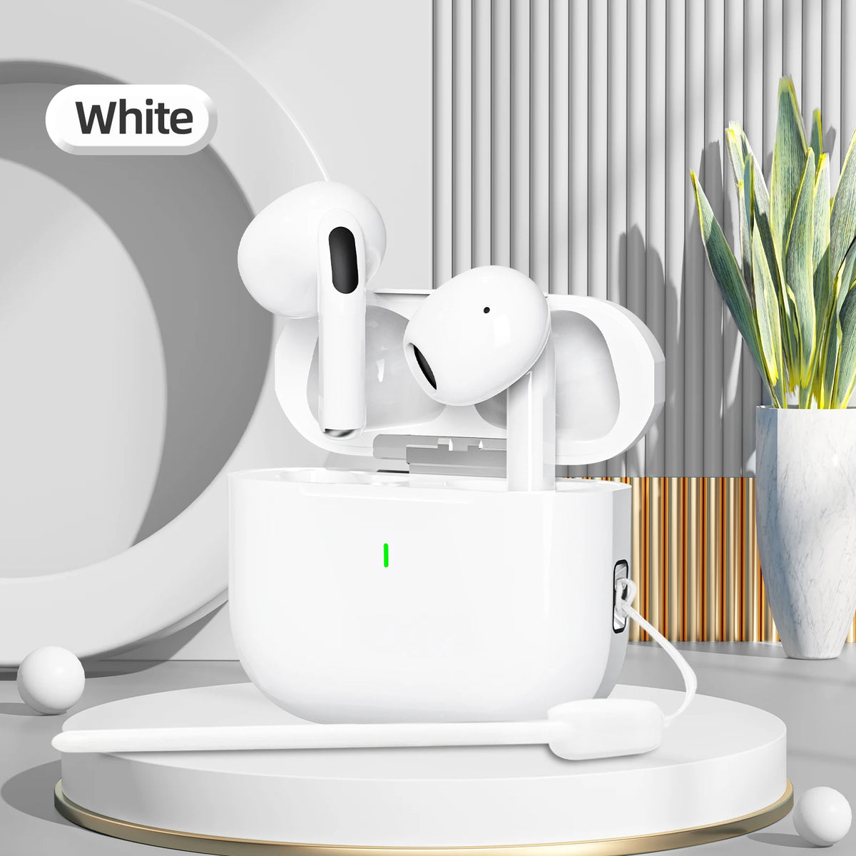 White wireless earbuds with charging case on a modern surface