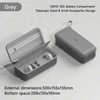 Gray carrying case with Osmo 360, battery compartment, telescopic stand, and small accessories storage on a light gray background.