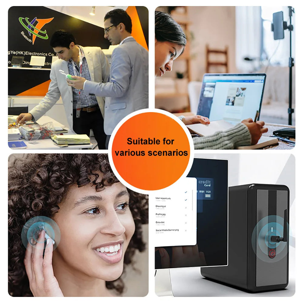 Collage of people using technology in various settings with a focus on suitability for different scenarios.