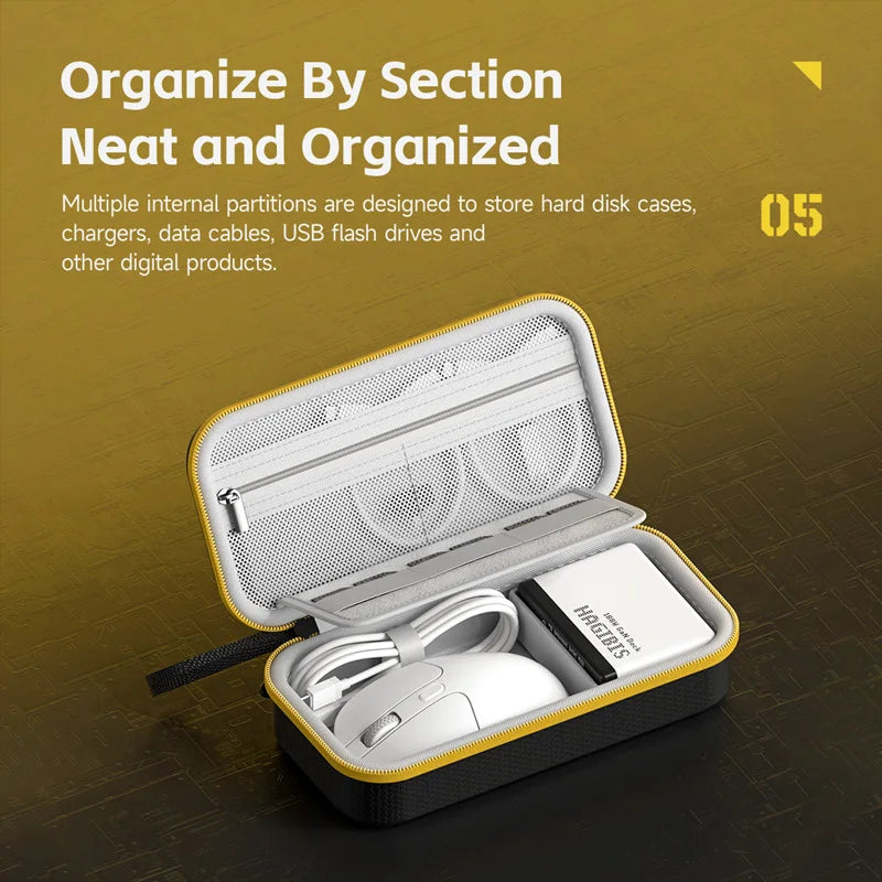 Organized digital product case with compartments for hard disk cases, chargers, and USB flash drives on a yellow background.
