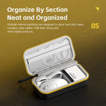 Organized digital product case with compartments for hard disk cases, chargers, and USB flash drives on a yellow background.