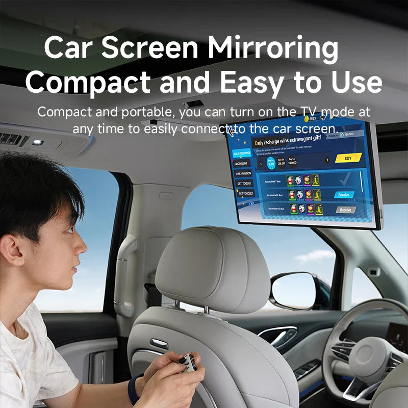Person using a car screen mirroring device in a vehicle with text highlighting its compactness and ease of use.