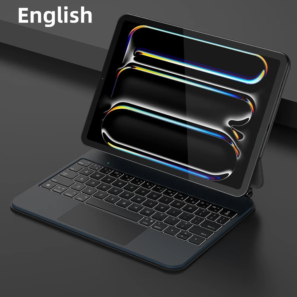 A promotional image featuring a Magnetic Magic Keyboard Case for iPad, displaying the product with a visual connection between the keyboard and the iPad, emphasizing the plug & play functionality.