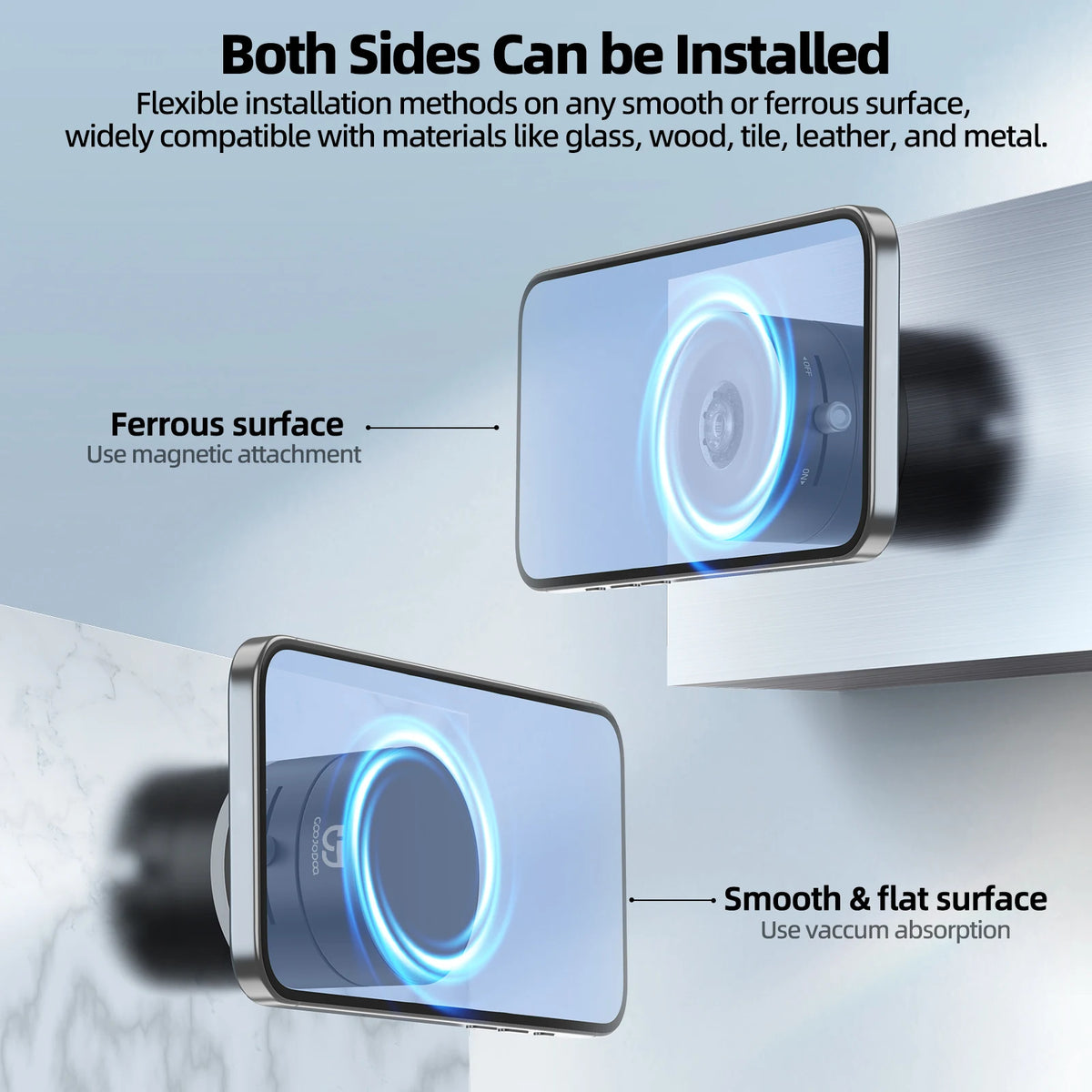 Two phone holders on a wall with text explaining installation methods.