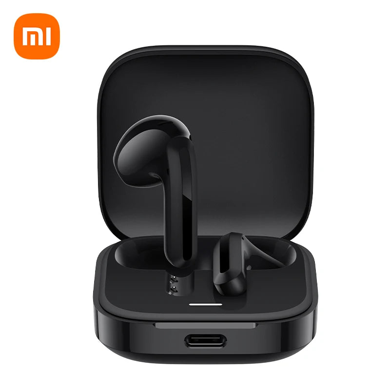 Black wireless earbuds with charging case on a white background, featuring the Xiaomi logo.