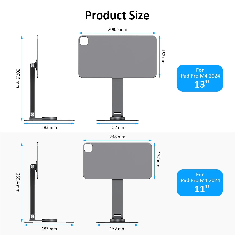 Dimensions of a stand for iPad Pro M4 2024 with two sizes labeled.