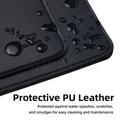 Black protective mat with water droplets and text about protective PU leather