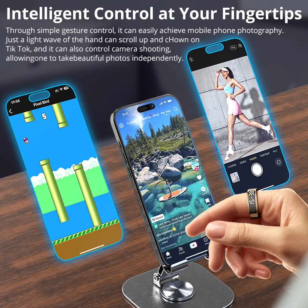 Handheld device with gesture control for smartphone functions on a wooden surface.