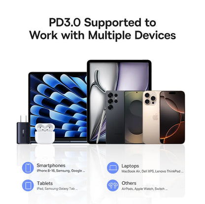 Multiple electronic devices with text indicating PD3.0 support on a white background