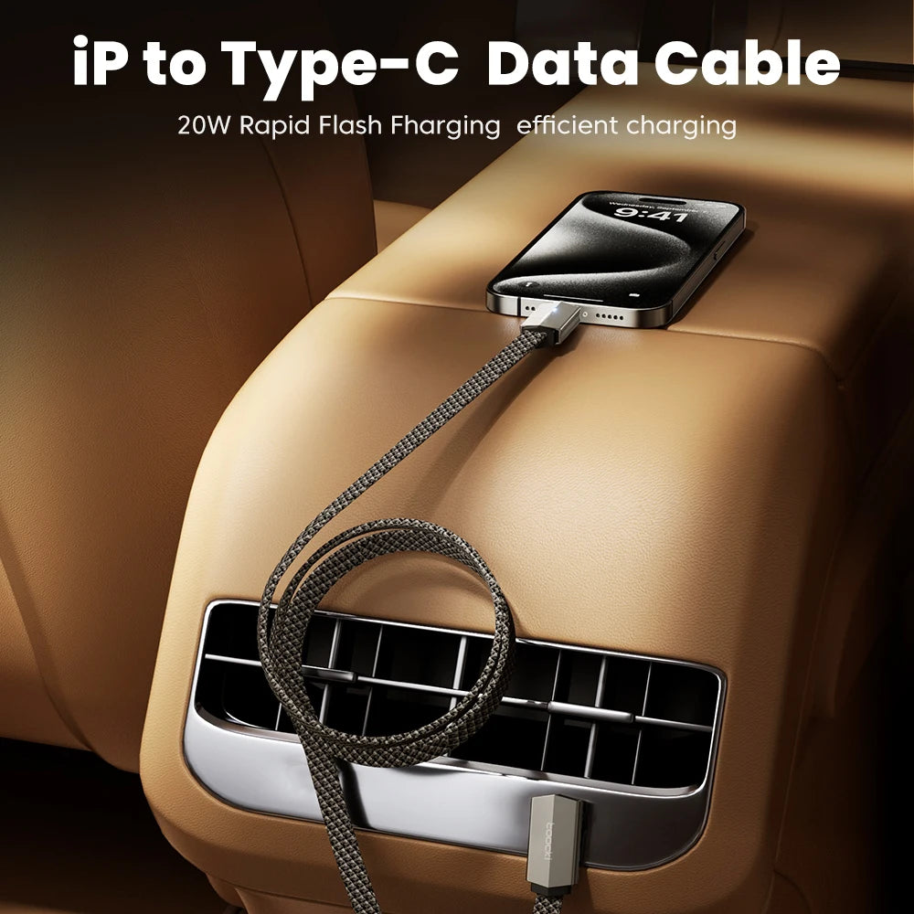 Phone charging on a car's air vent with text 'iP to Type-C Data Cable' and '20W Rapid Flash Charging'.