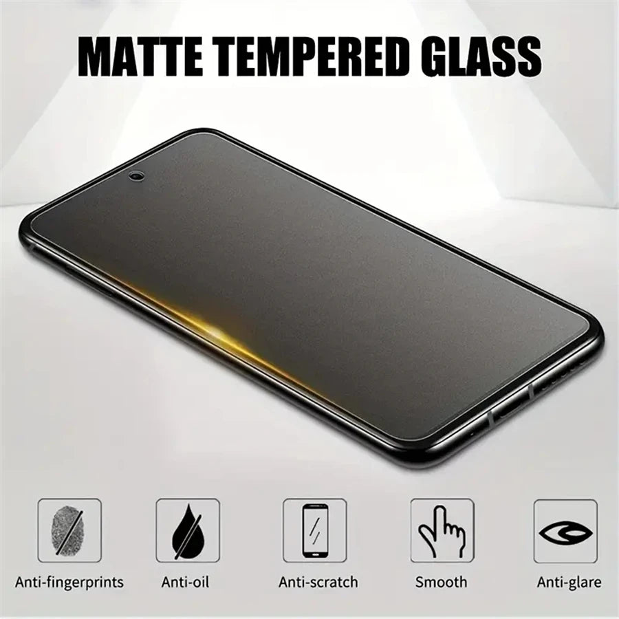 Phone with matte tempered glass screen protector on a white background