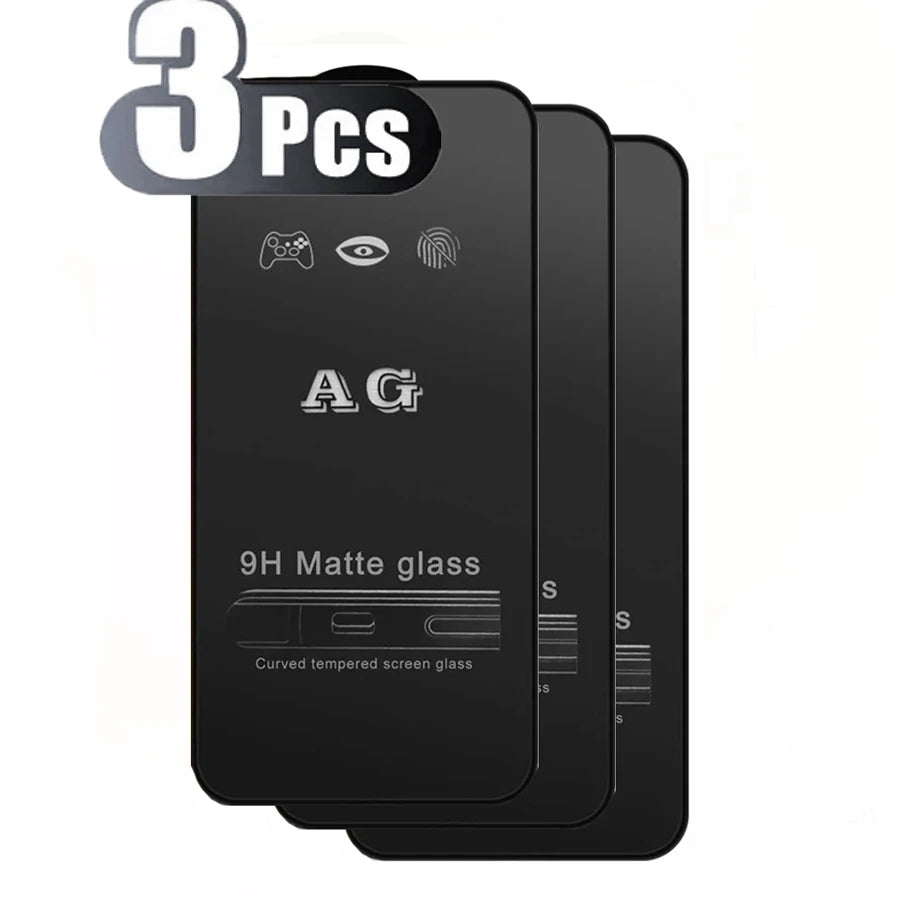Three pieces of AG 9H Matte glass screen protector packaging on a white background