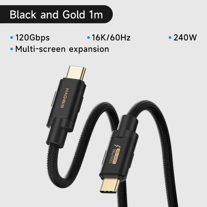 Black and gold cable with specifications on a gray background