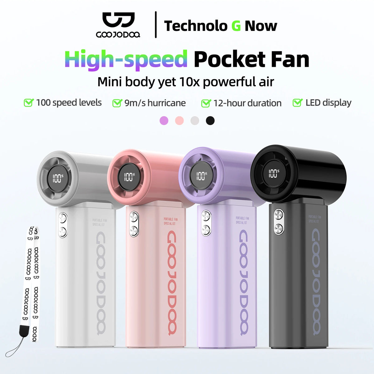 An array of high-speed pocket fans in various colors displayed next to each other with features like 100 speed levels, 9m/s hurricane, 12-hour duration, and LED display highlighted.