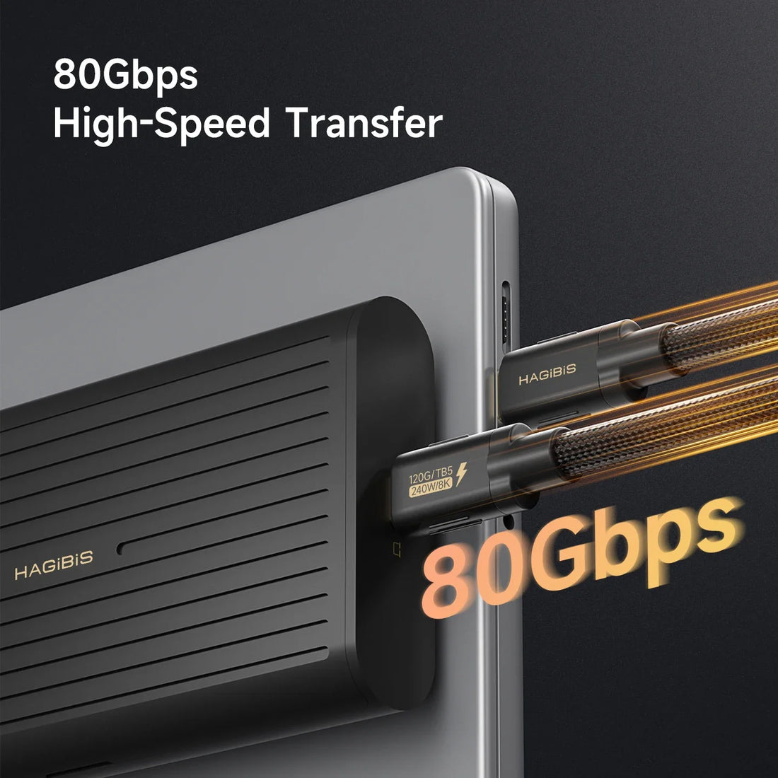 HAGIBIS external hard drive with 80Gbps high-speed transfer text on a dark background