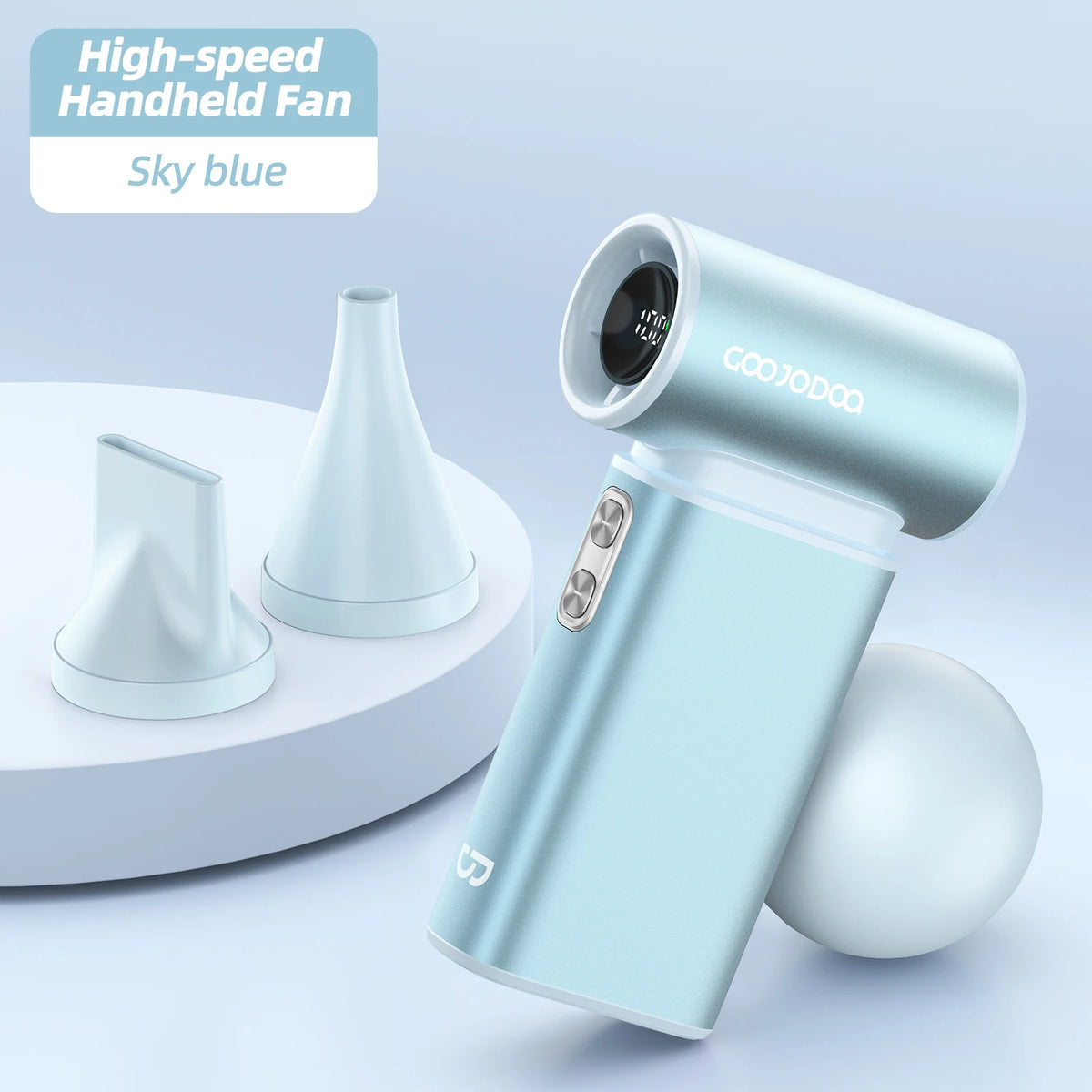 Blue handheld fan with attachments on a light blue background