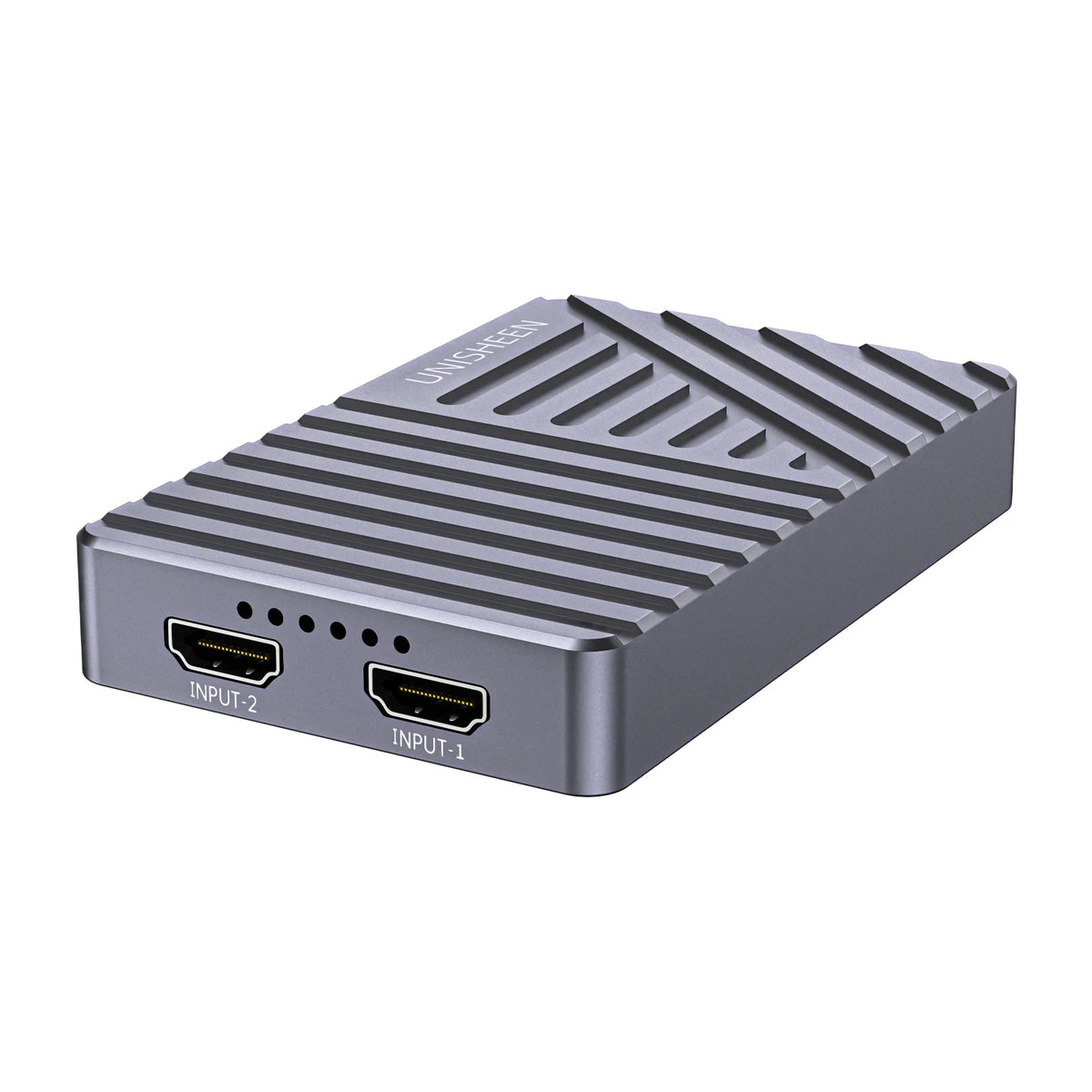 HDMI switcher with two ports on a white background