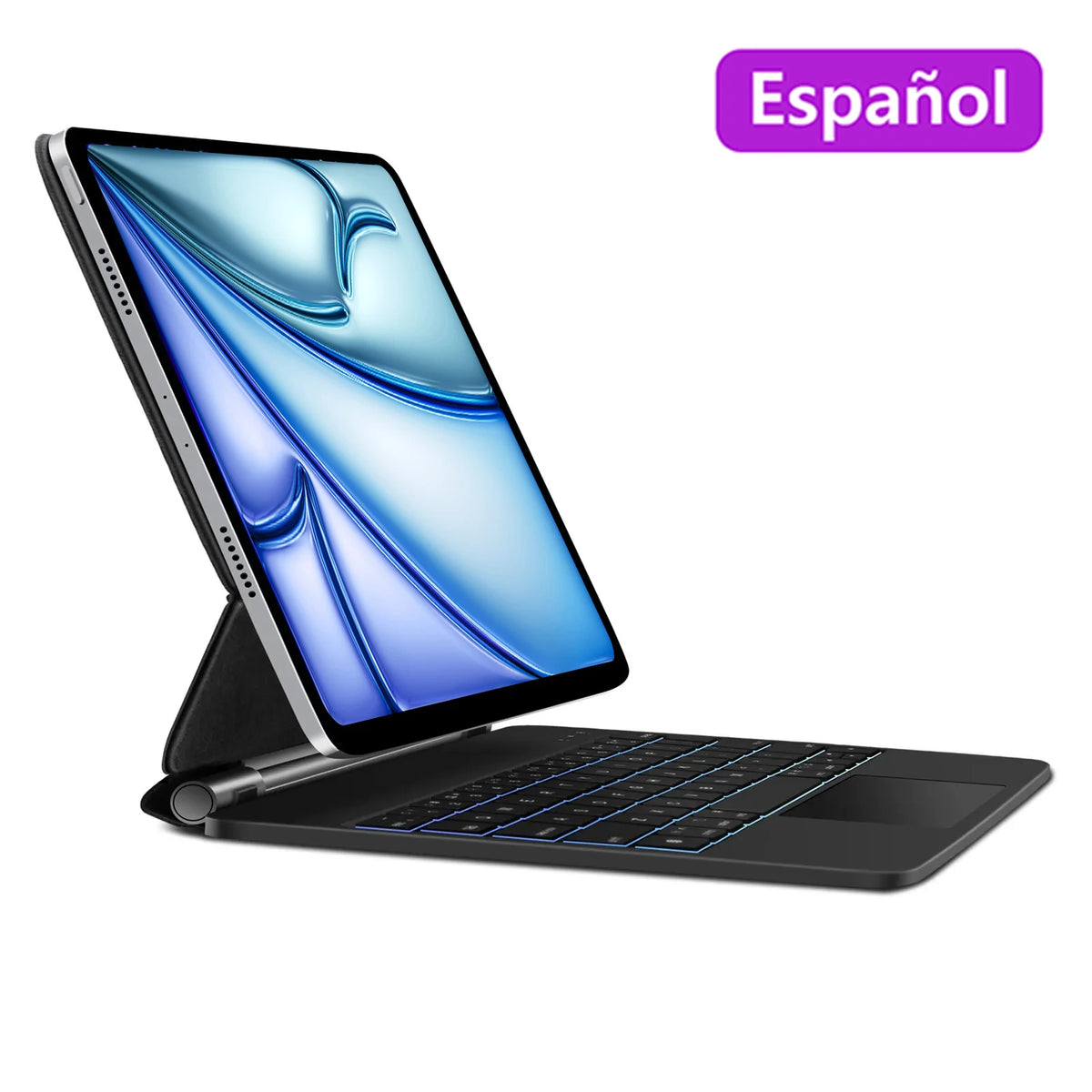 The image shows a wireless floating keyboard for iPads with a LED screen display and multiple language options highlighted. The keyboard appears to attach magnetically to an iPad and has a cantilever design for adjustable viewing angles.