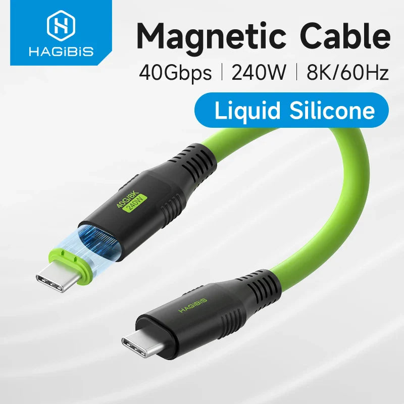 A green magnetic USB cable with a USB-C connector on one end and a liquid silicone connector on the other, branded with 'Hagibis' and rated for 40Gbs and 24W.