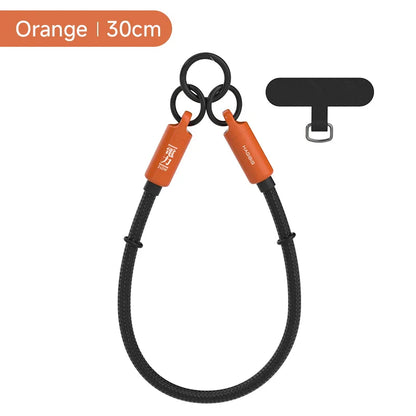 Orange leash with black rope, 30cm length, on a white background