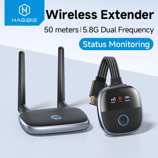 HAGIBIS wireless extender with antennas and cable on a light blue background