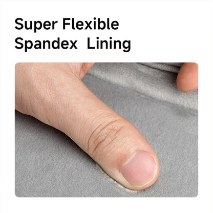 Super flexible spandex lining with a hand demonstrating its flexibility.