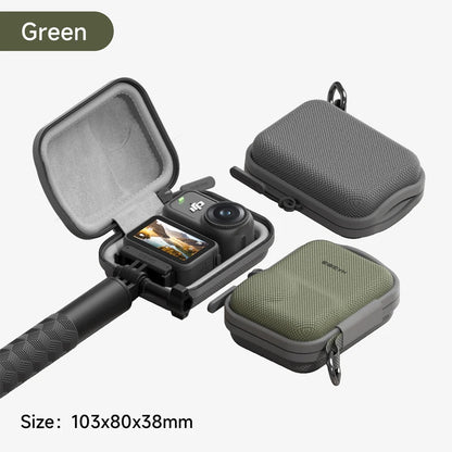 Camera equipment with green carrying case on a white background