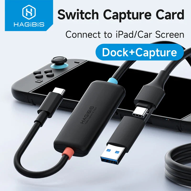 Hagibis Switch Capture Card with cables connected to a device on a light gray background