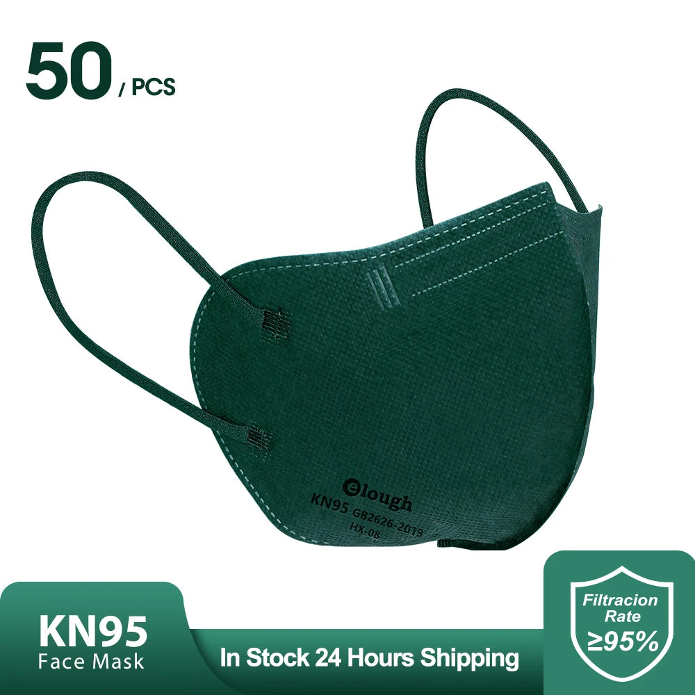 Green KN95 face mask with branding and product details on a white background