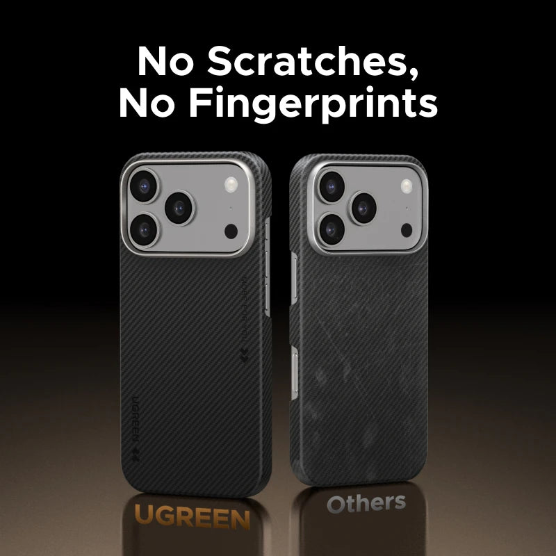 Two phone cases on a reflective surface with 'UGREEN' branding, highlighting scratch resistance and fingerprint reduction.