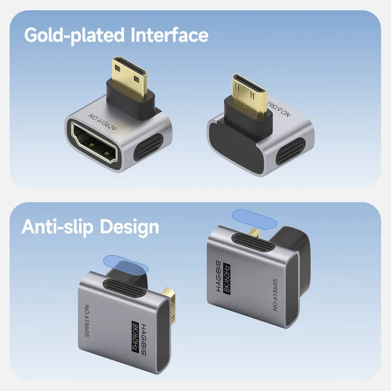 HDMI connectors with gold-plated interface and anti-slip design on a blue background