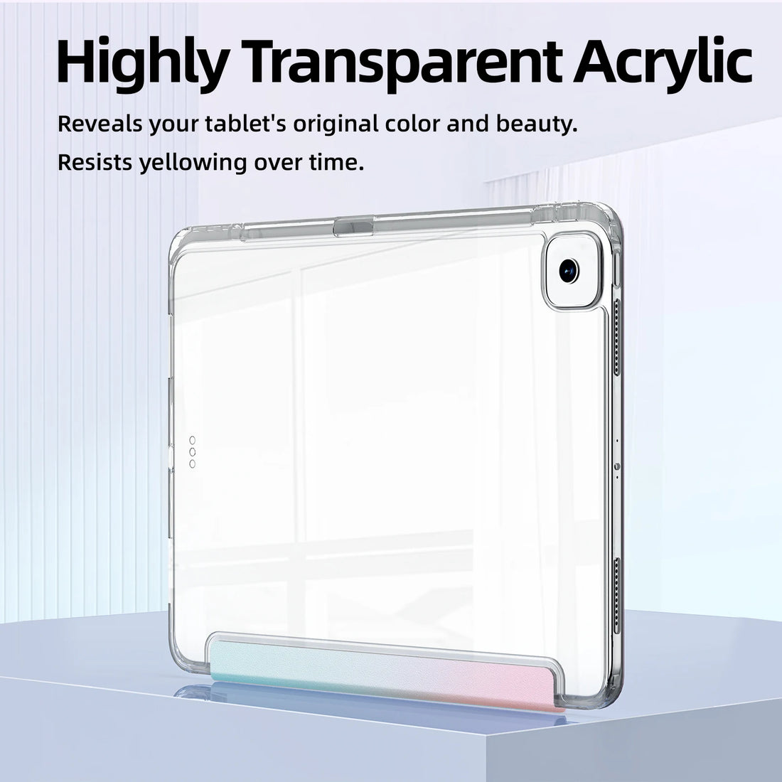Transparent acrylic tablet case with text highlighting its features on a light blue background