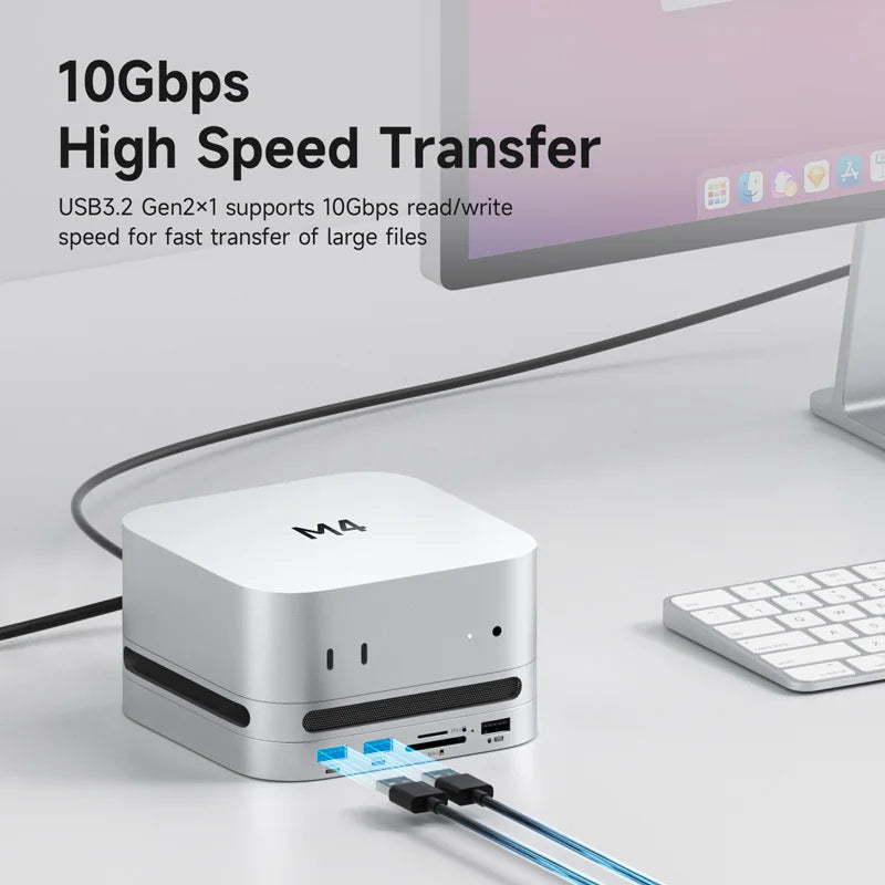 White USB drive with blue lights connected to a computer.