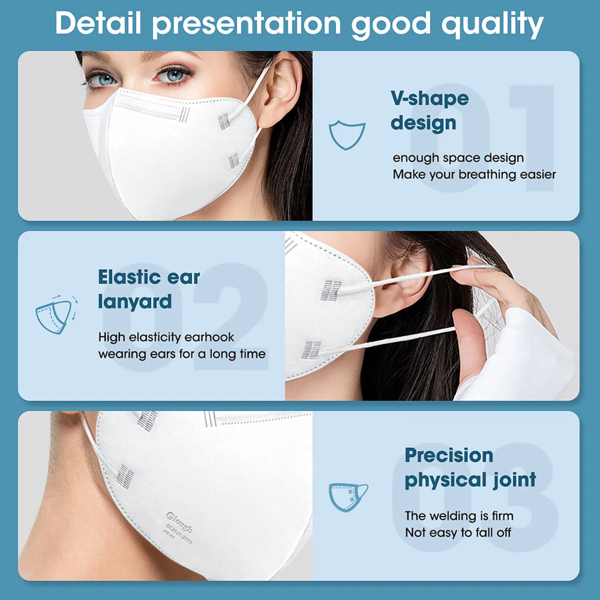 White face mask with features highlighted on a blue background