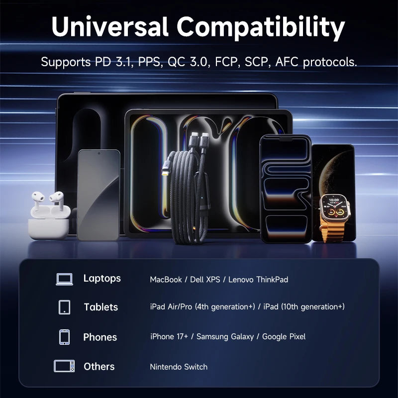 Product display with cables and accessories on a dark background, highlighting universal compatibility.
