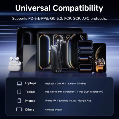 Product display with cables and accessories on a dark background, highlighting universal compatibility.
