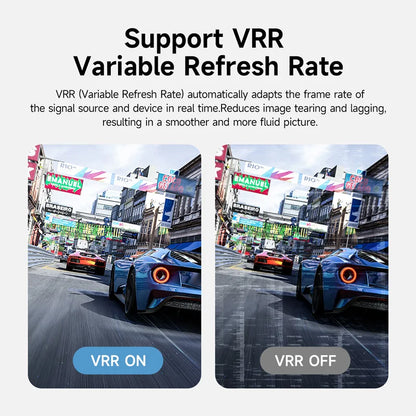 Comparison of racing game visuals with VRR on and off, showcasing smoother picture quality.
