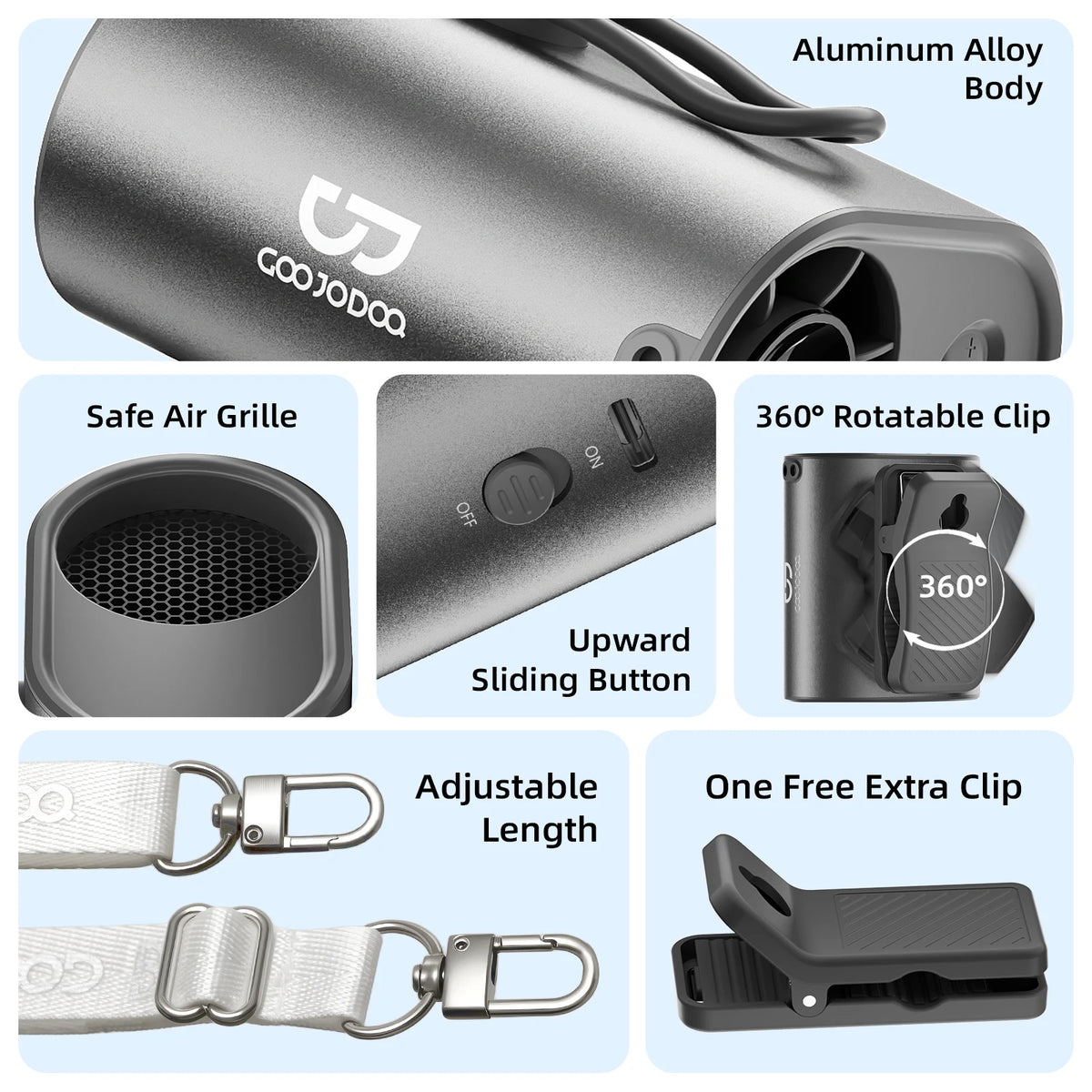 Collage of a hair dryer with features highlighted, including 'Aluminum Alloy Body', 'Safe Air Grille', '360° Rotatable Clip', 'Upward Sliding Button', 'Adjustable Length', and 'One Free Extra Clip'.
