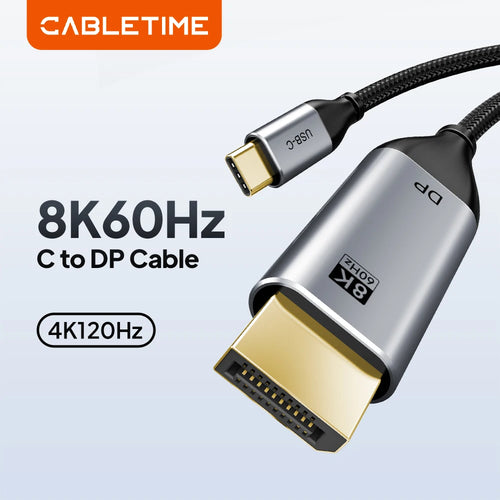 CableTime 8K60Hz C to DP cable with USB-C and DisplayPort connectors on a light gray background.