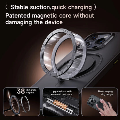 Phone stand with magnetic core design on a dark background