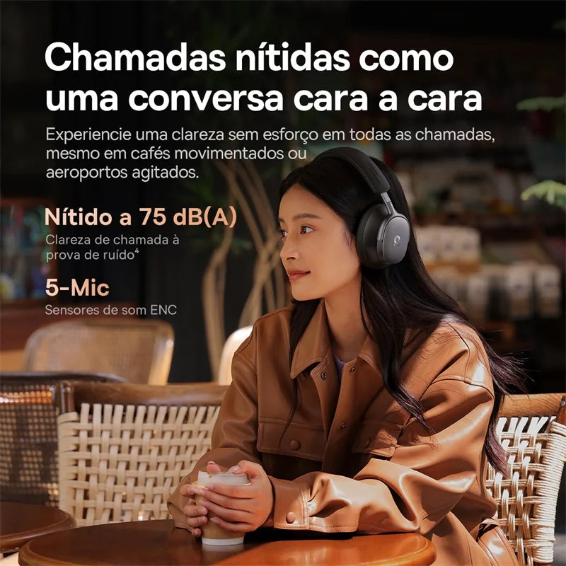 Woman wearing headphones in a cafe setting with text about clear calls.