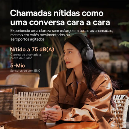 Woman wearing headphones in a cafe setting with text about clear calls.