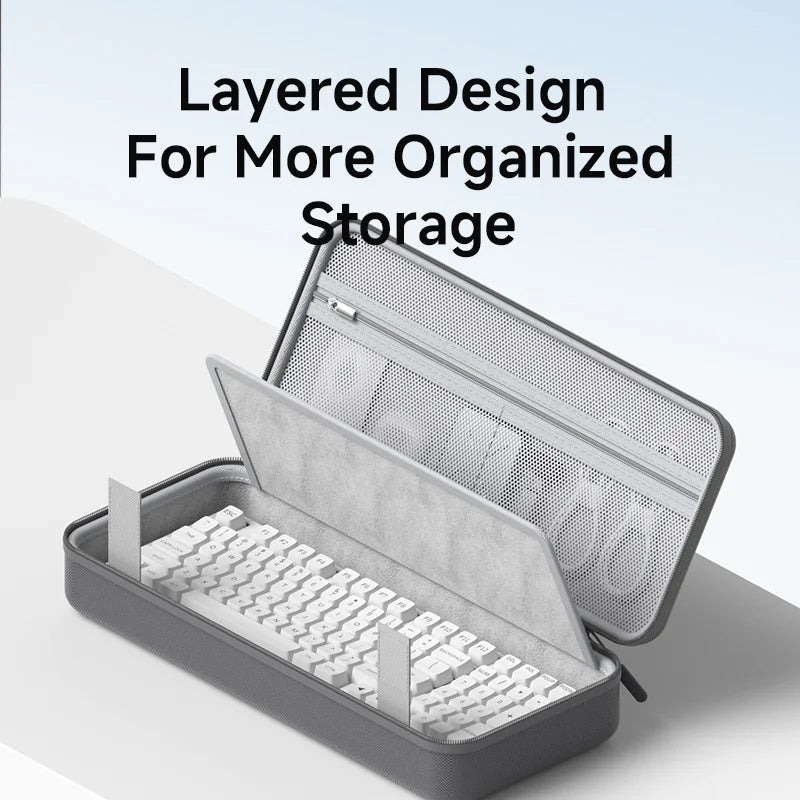 Gray storage case with layered design on a light blue background