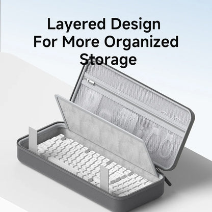 Gray storage case with layered design on a light blue background