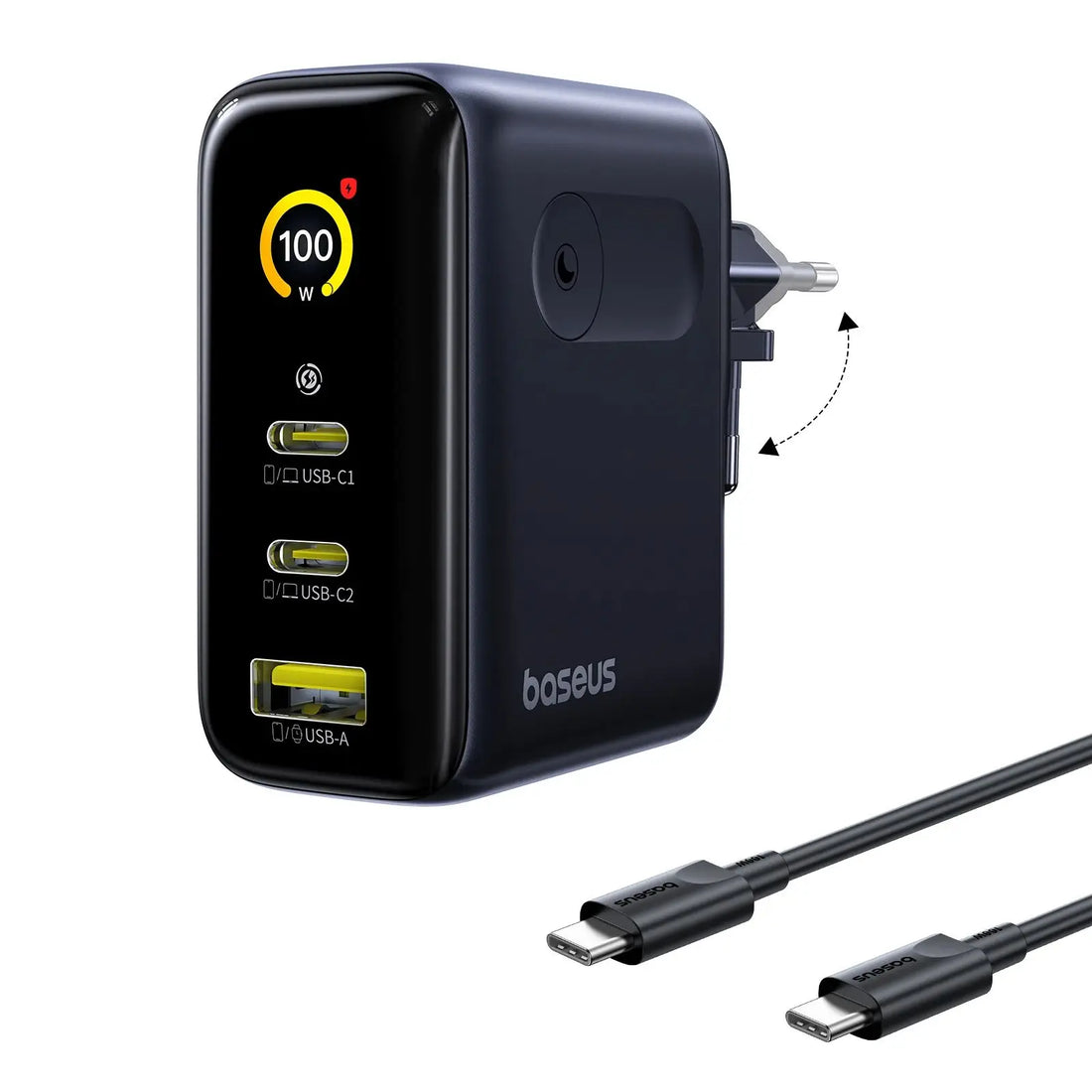 Baseus power adapter with multiple ports and cables on a white background